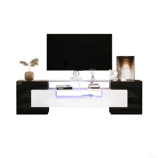 Stylish TV Cabinet, Low Panel. High Gloss White And Black, 200 Cm, LED Lighting For Living Room Furniture. Modern Design. Elegant Glass Surface