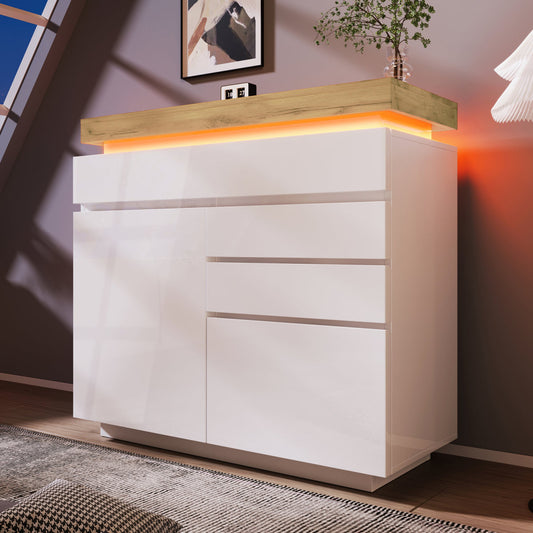 Chest Of Drawers, High-gloss Sideboard With 2 Doors And 3 Drawers, LED Lighting  App Control , Multi-purpose Wardrobe For Living Room And Bedroom, 115 X 110 X 39 Cm, White