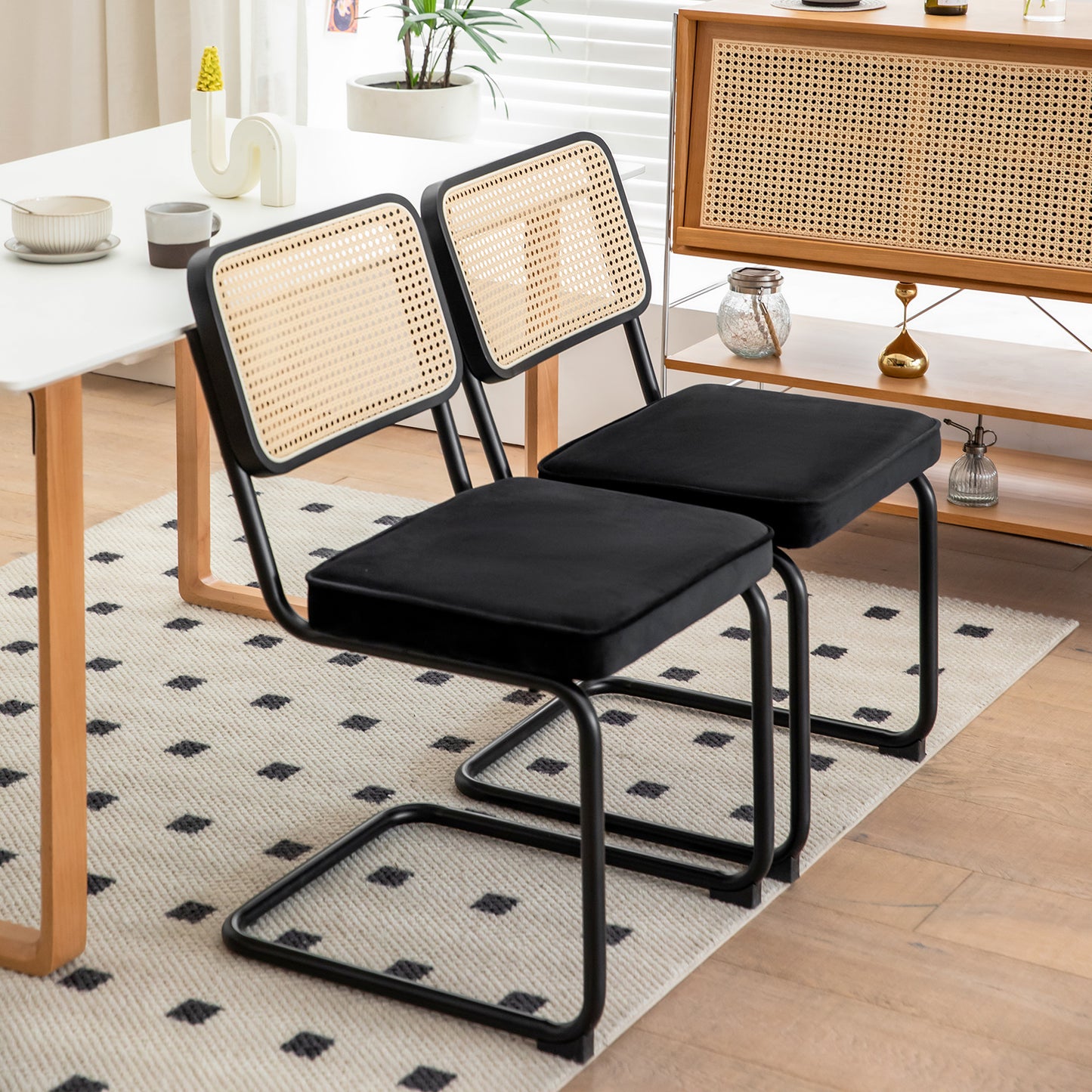 Dining Chairs Set Of 2, Velvet Rattan Side Accent Chairs With Chrome Legs, Modern Mid Century Breuer Designed Chairs, Upholstered Dining Living Room Kitchen Chairs