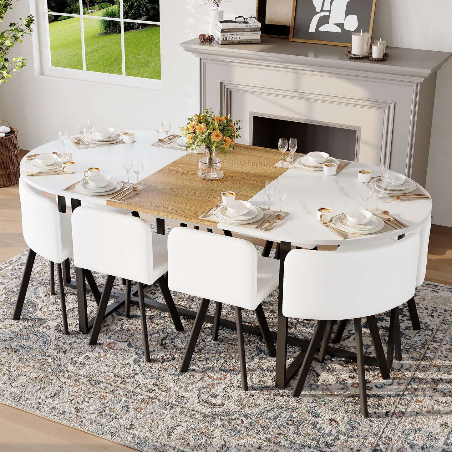 9-Piece Oval Dining Table Set, Fixed White Faux Marble & Wood Grain Triamine Tabletop With 8 White PU Leather Chairs, Modern Kitchen Table Set For 8 People, Ideal For Family Gatherings, Dining Room