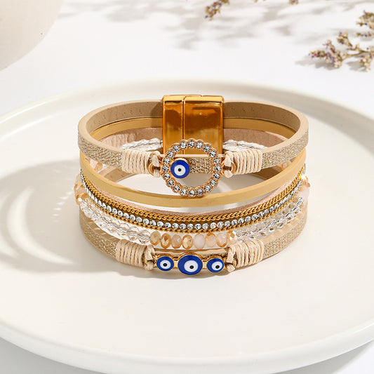New Cross-border Bohemian Bracelet Hand-woven PU Leather Bracelet Alloy Magnetic Buckle Women's Bracelet