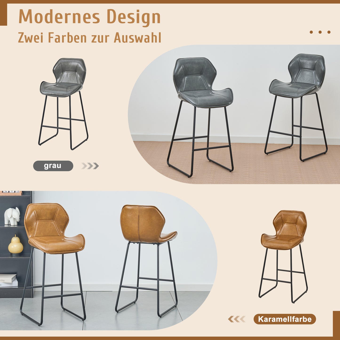 Set Of 2 Bar Stools Made Of Imitation Leather, Modern Bar Stools With Backrest, Metal Frame And Footrest, For Kitchen, Counter, Home Bar And Dining Area, Cognac Brown