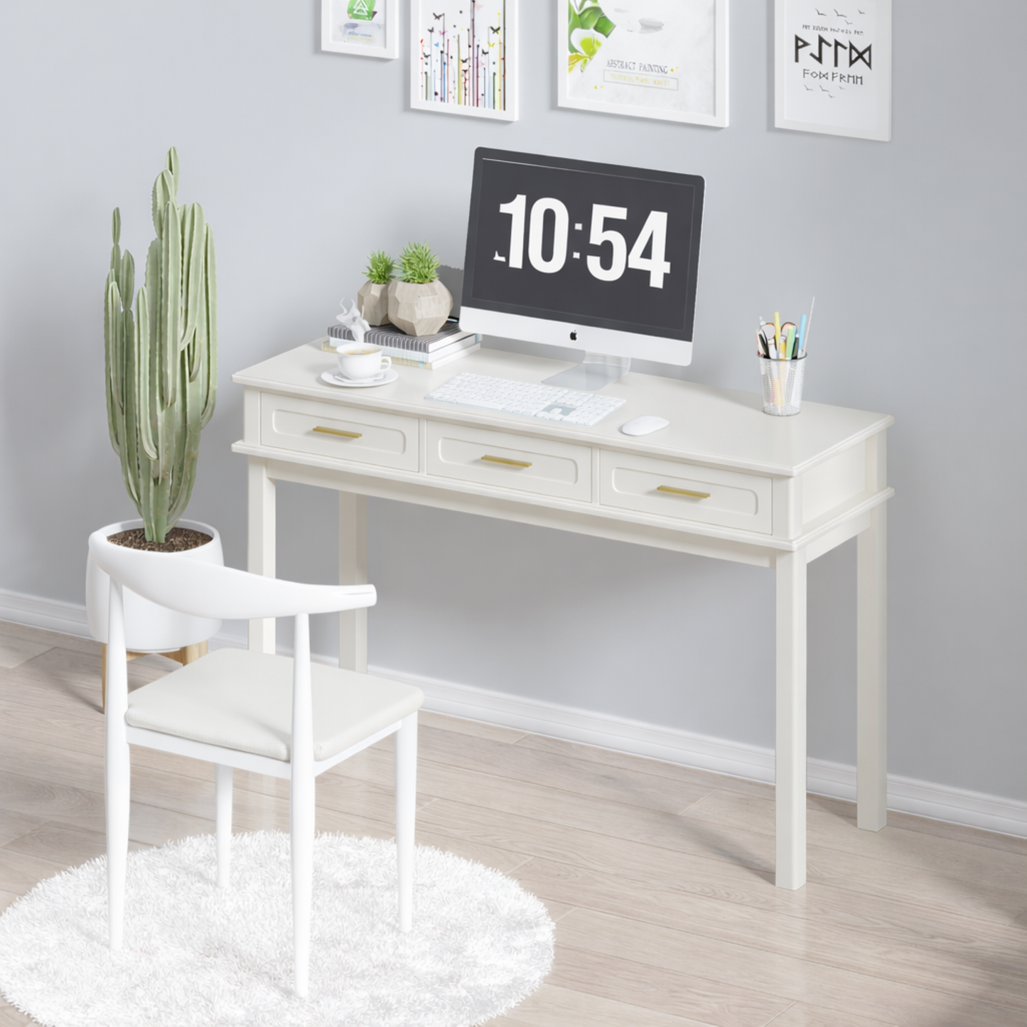 Cream White Vanity Desk With 3 Drawers, Modern Makeup Table Or Writing Desk, Multipurpose Dressing Table For Bedroom, No Mirror Included