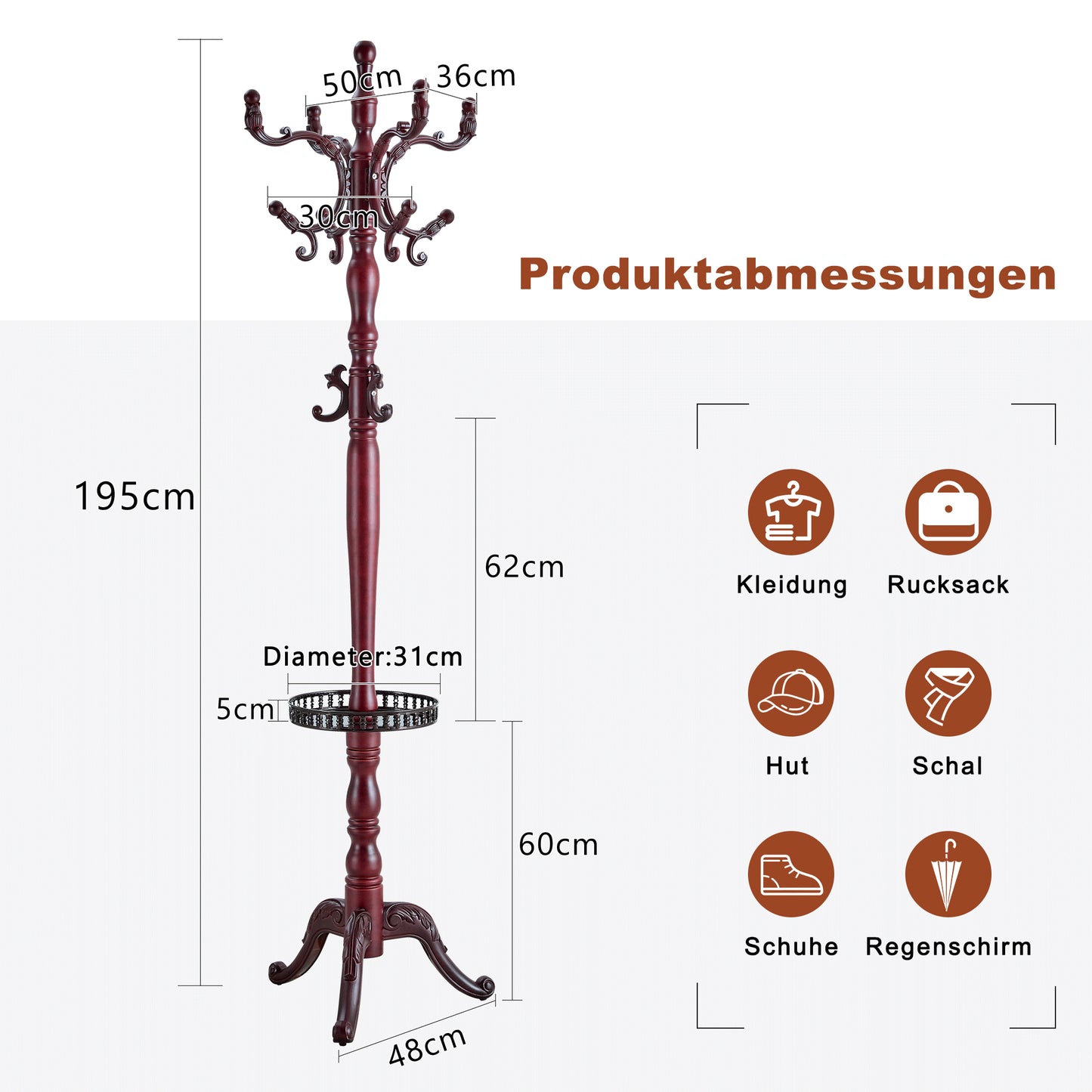 Add Elegance To Your Home Versatile European Clothes Rack In Walnut-coloured Solid Wood - Multi-equipped, Stable, Easy To Assemble And With Non-slip Feet.
