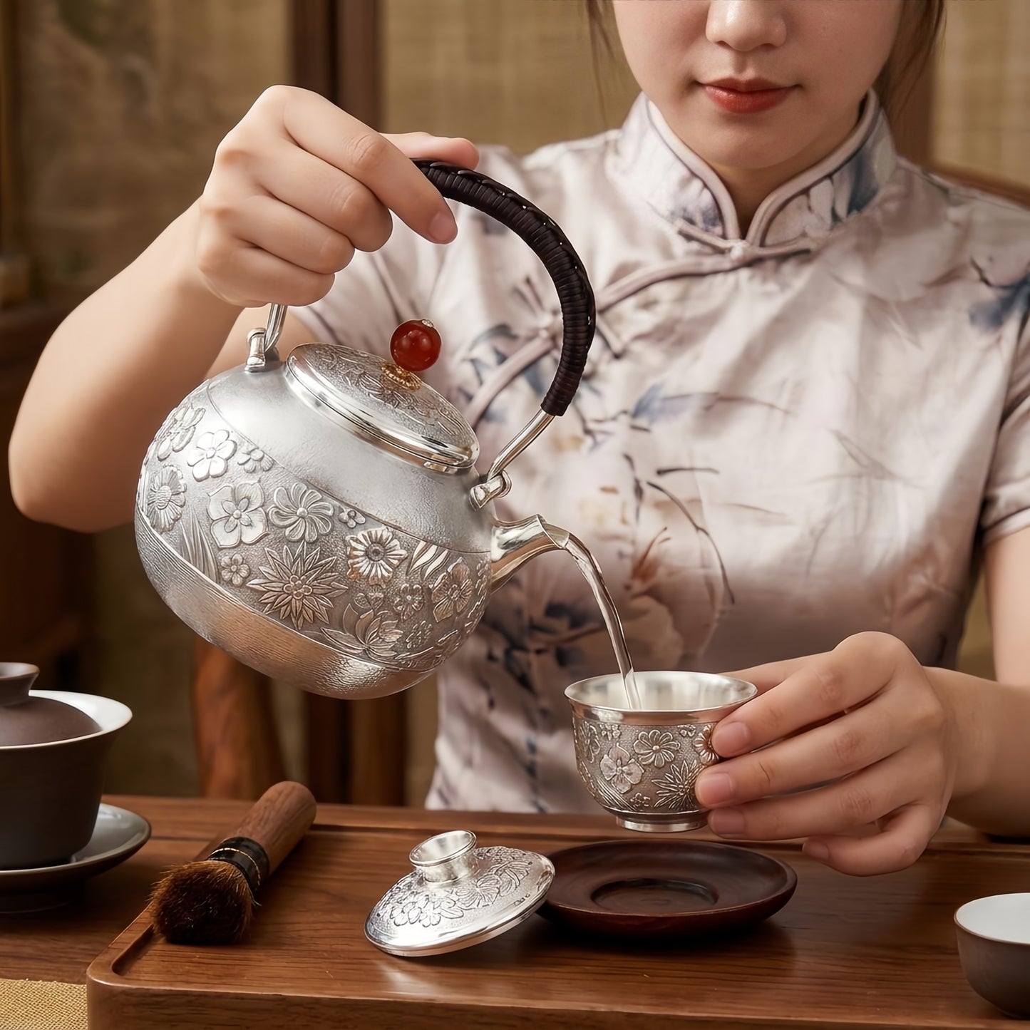 Pure 999 Fine Silver Exquisite Sterling Silver Tea Kettle Featuring Intricate Floral Carvings and Woven Handle - Handicraft