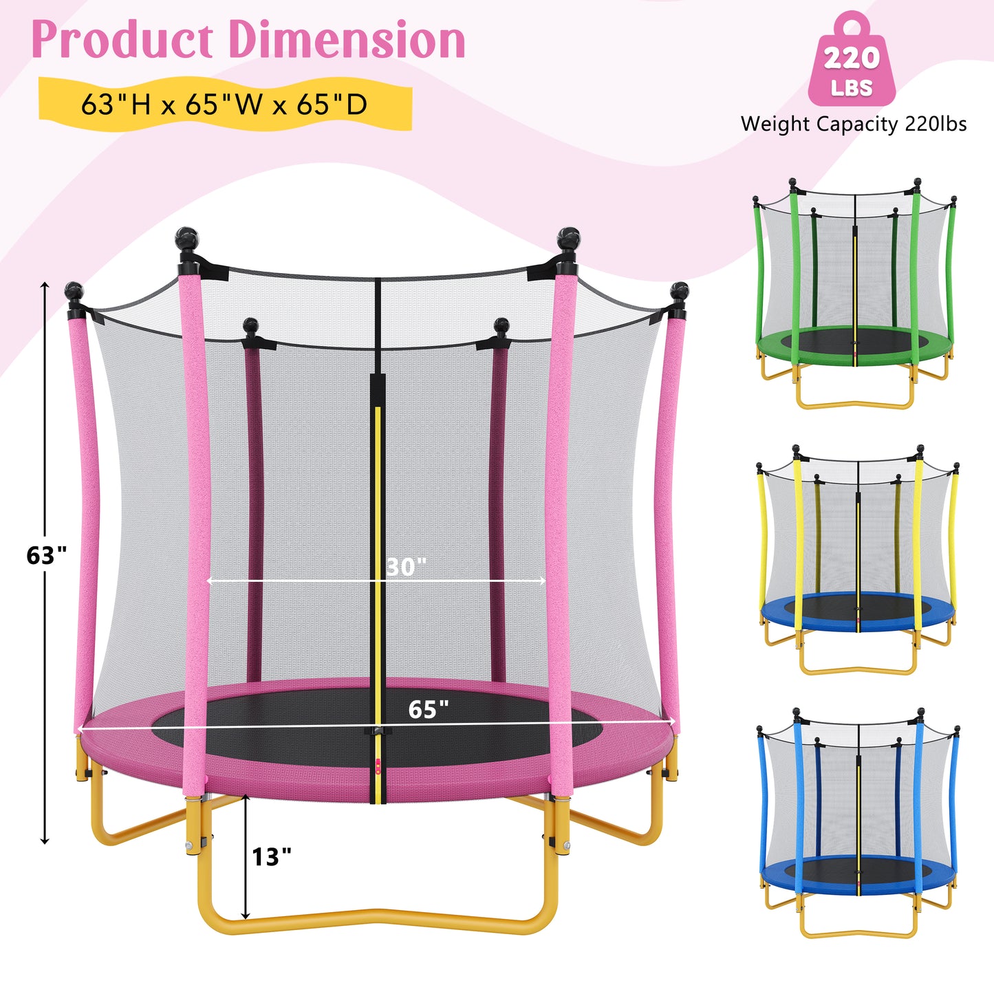 5.5 FT Kids Trampoline With Safety Net, Indoor Outdoor Toddler Trampoline With Enclosure, U-Shaped Stable Legs, Foam Padded Poles, Mini Trampoline For Kids