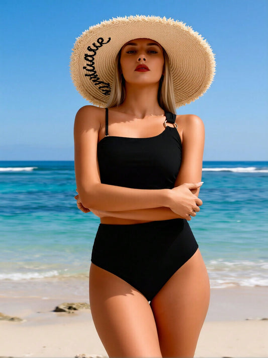 2026 New Women's Sexy Fashion Black Asymmetric Metal Ring Two-Piece Swimsuit For Vacation & Leisure