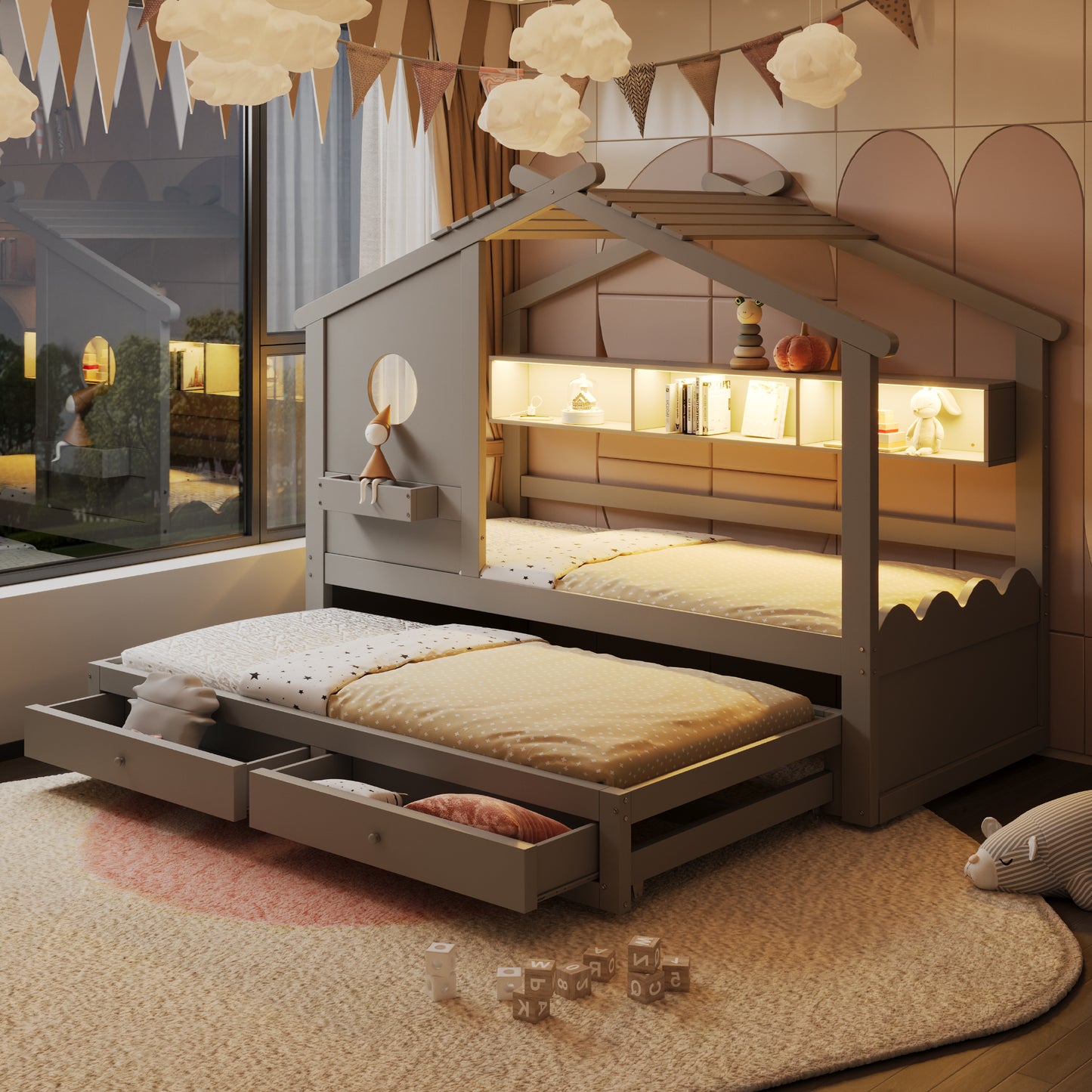 Cot 90X200, With Trundle Bed 90X190, House-shaped Design, With Two Drawers, With USB And Type-C Charging Ports And LED, With Shelves, Multifunctional Bed, Gray