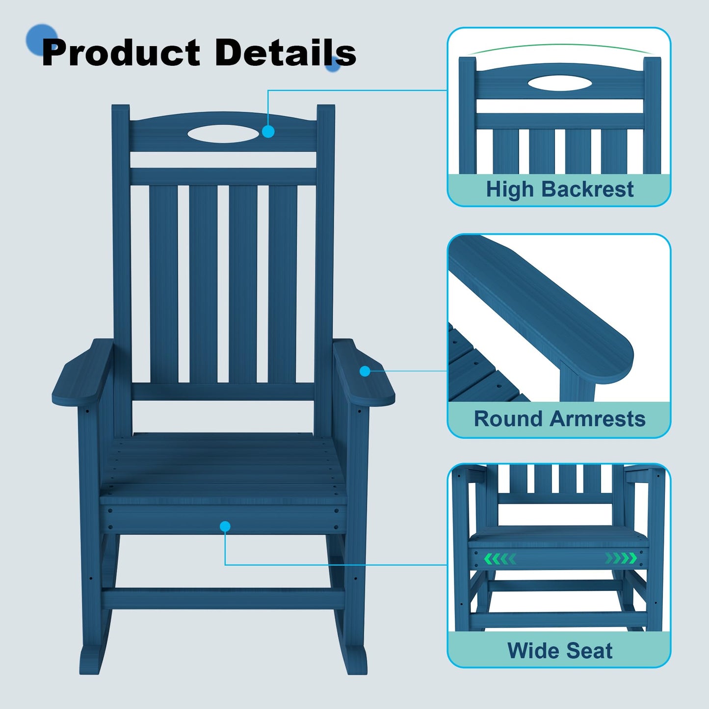 Outdoor Rocking Chair Set Of 2, HDPE Patio Rocking Chair For Adults, Oversized Outdoor Rocker For Porch Garden Lawn,Blue