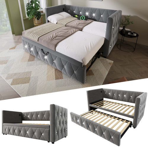 Daybed Single Upholstered Bed Sofa Bed With USB &Type C Charging Station, 3FT Single Bed 90 X 190 Cm With Trundle ,Pull Out Trundle For Living Room And Bedroom, Velvet