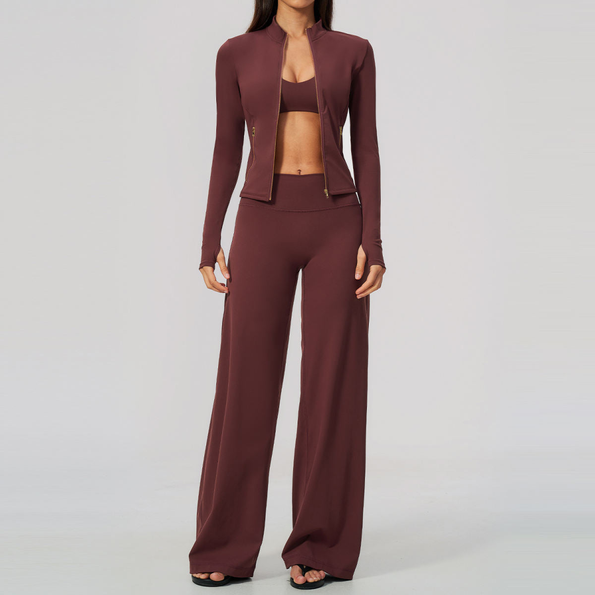 Yoga Jacket Zip-up Long-sleeve Bra And Flared-leg Workout Set