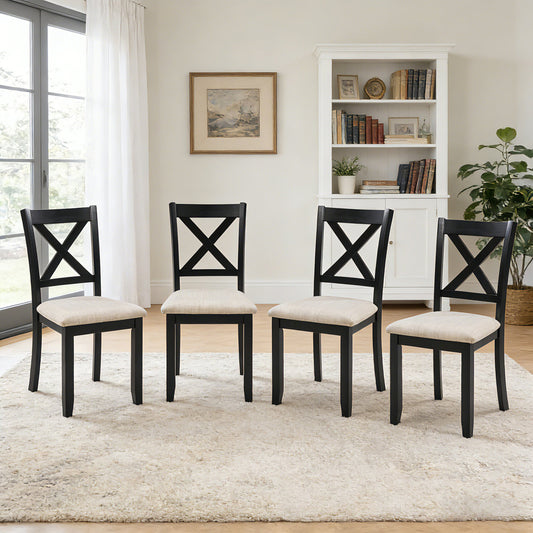 Dining Chairs Only, Wooden Dining Chairs Set of 4, Kitchen Chair with Padded Seat, Upholstered Side Chair for Dining Room, Living Room, Kitchen, Black & Beige  two tone