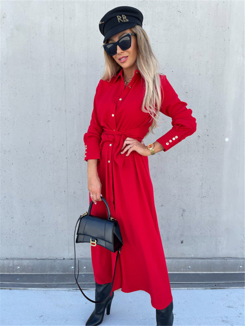 Women's Elegant Lapel Collar Long Sleeve Button Down Belted Shirt Dress, Casual Maxi Dresses With Slit For Office & Daily Wear