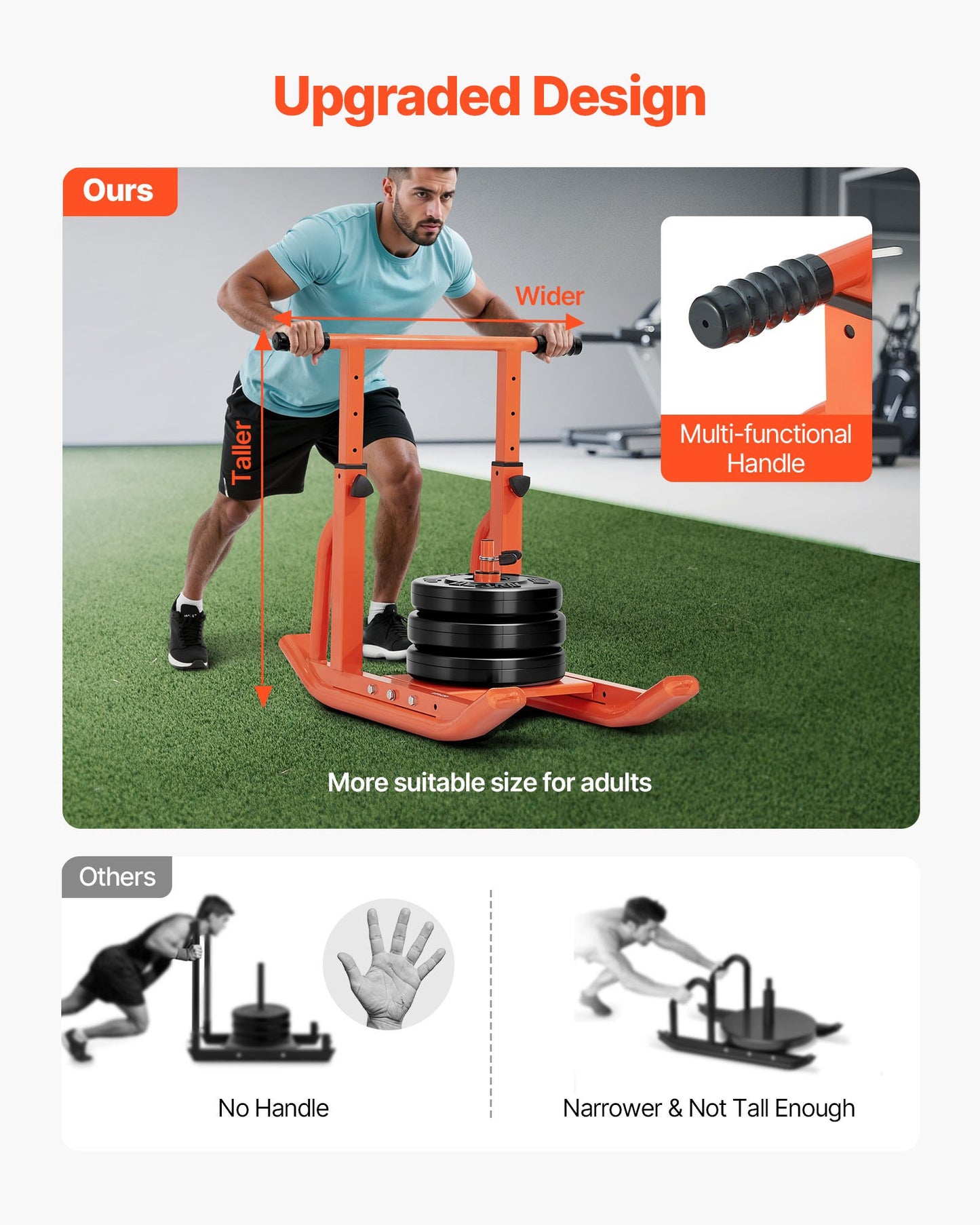 Weight Sled, Steel Power Sled, Fitness Training Sleds For Athletic Exercise Speed Improvement, Workout Equipment With Adjustable Height Handle, Compatible With 1/2 In Weight Plates, Orange