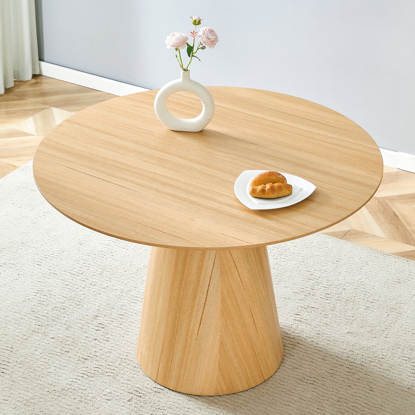 Modern Minimalist MDF Wood Texture Stickers Circular Dining Table. The Computer Desk. The Game Table. Suitable For Dining Room, Living Room, Terrace And Kitchen.