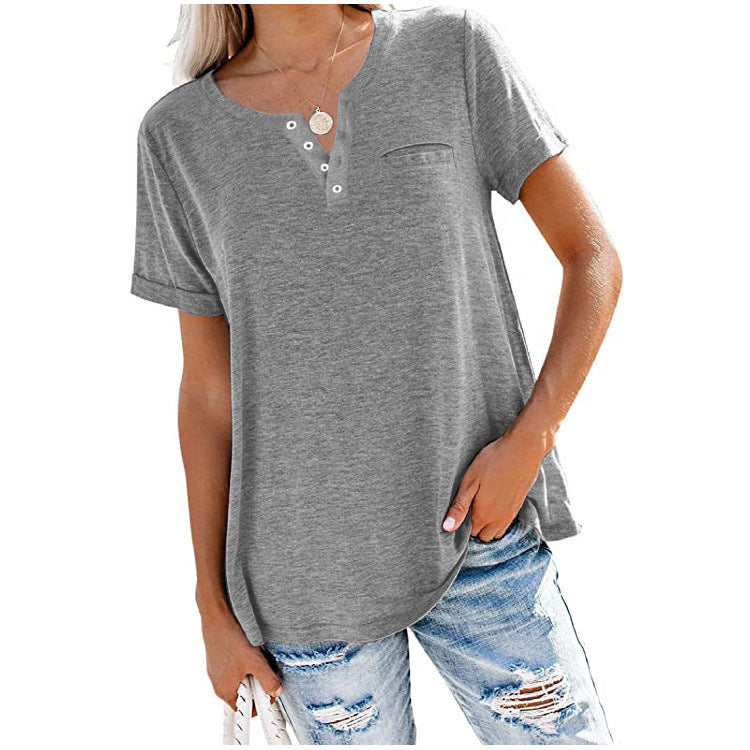 Women's Henley Neck Button Detail Curved Hem Pocket Decor Casual Short Sleeve T-Shirt