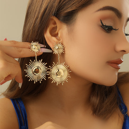 Vintage Geometric Floral Petal Dangle Earrings, Modern Smooth Shiny Metal Folding Craft Fashion Statement Women Ear Jewelry