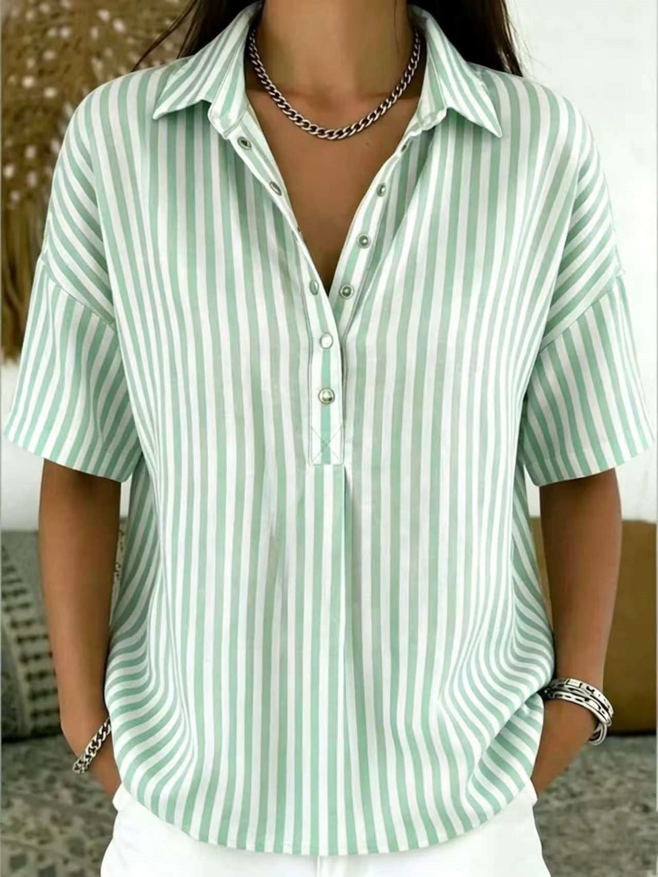 Womens Fashion Casual Striped Short-sleeve Shirt