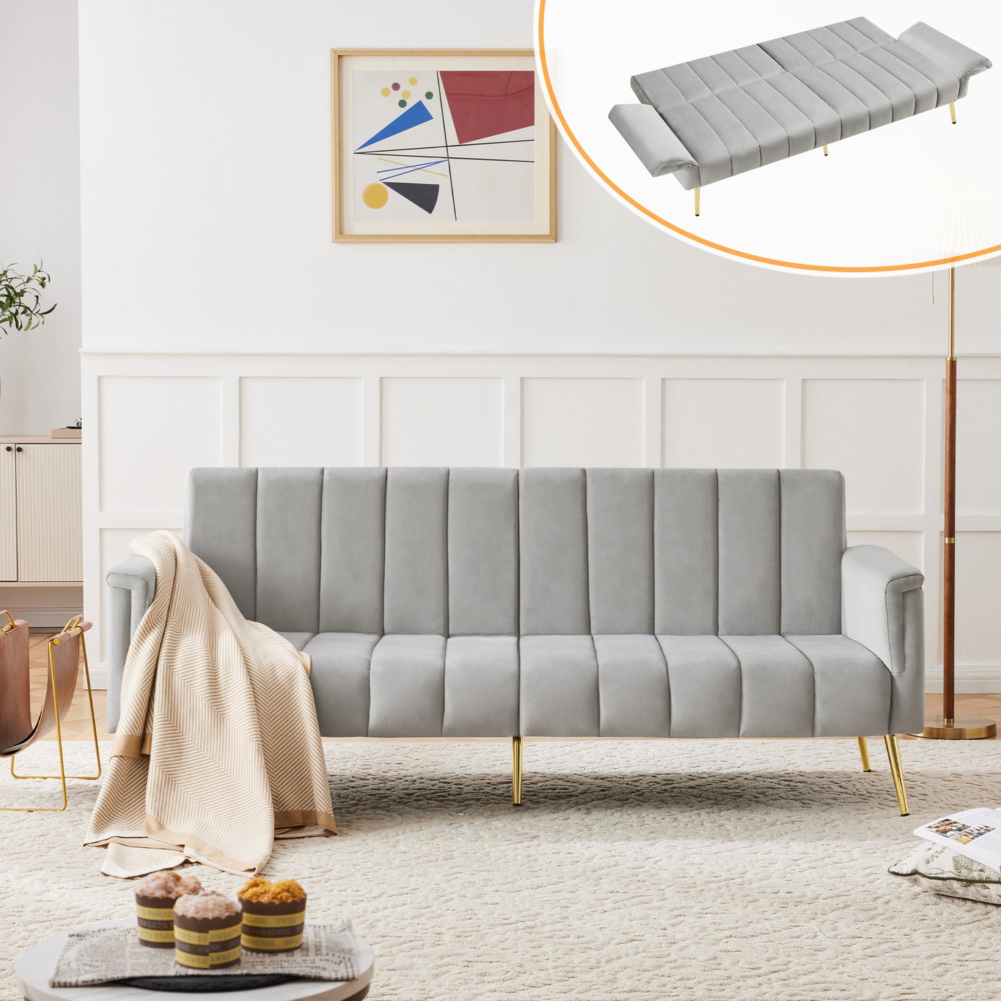 Modern Fold-out Sofa Bed With Support Legs, Sleeping Function, Velvet Fabric, Suitable For Living Room, Bedroom, Home Theater, Guest Room. Video Available Old SkuN653P260506G
