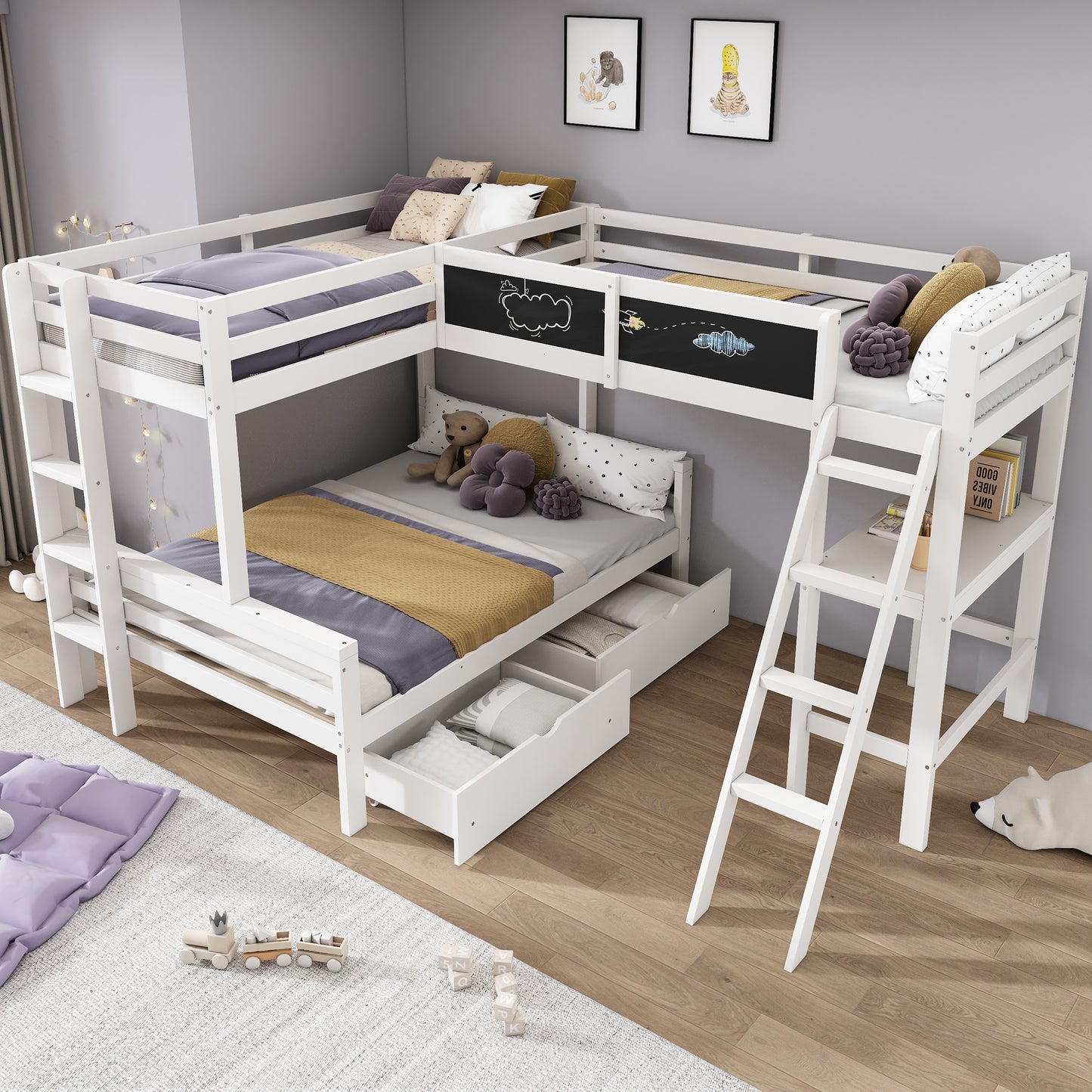 Childrens Loft Bed ,Three Children Can Sleep In The Cot, Has Storage Drawers,made Of Pine Wood, Bunk Bed, Cot With Desk And Shelf, 140x200cm,90x200cm,white