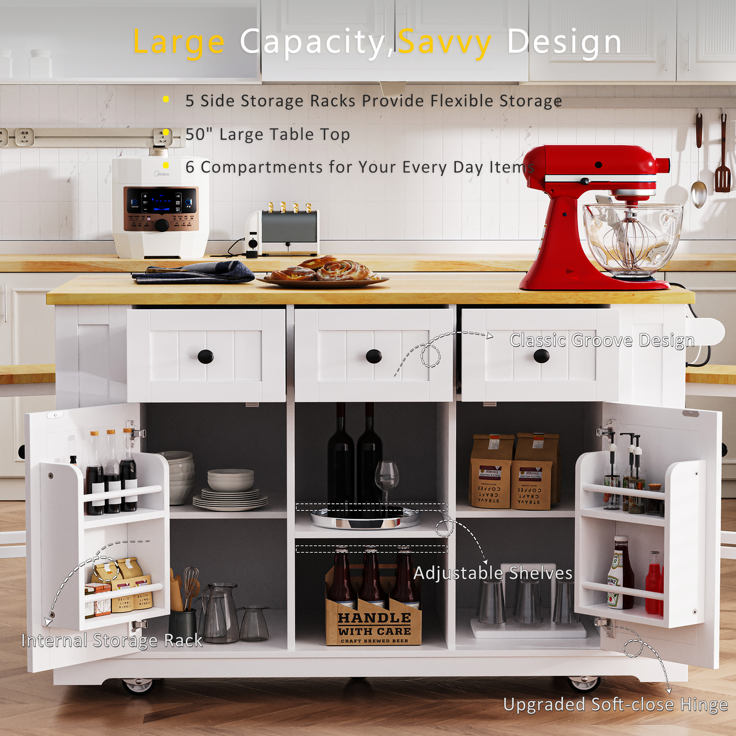 K&K 53inch Large Kitchen Island With Drop Leaf,Power Outlet,Door Internal Storage Rack,Rolling Kitchen Cart On 5 Wheels With 5 Open Side Racks For Kitchen,White  Two Packages  Stools Not Included