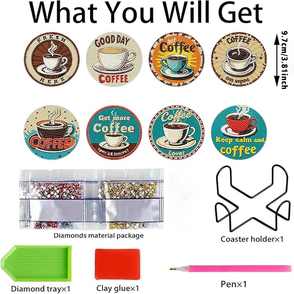 Diamond Art Drawing Coaster With Bracket, DIY Coffee Pattern Diamond Art Coaster, Suitable For Adults And Beginners Diamond Drawing Kit, Diamond Kit Craft Supplies, Exquisite Gifts For Friends