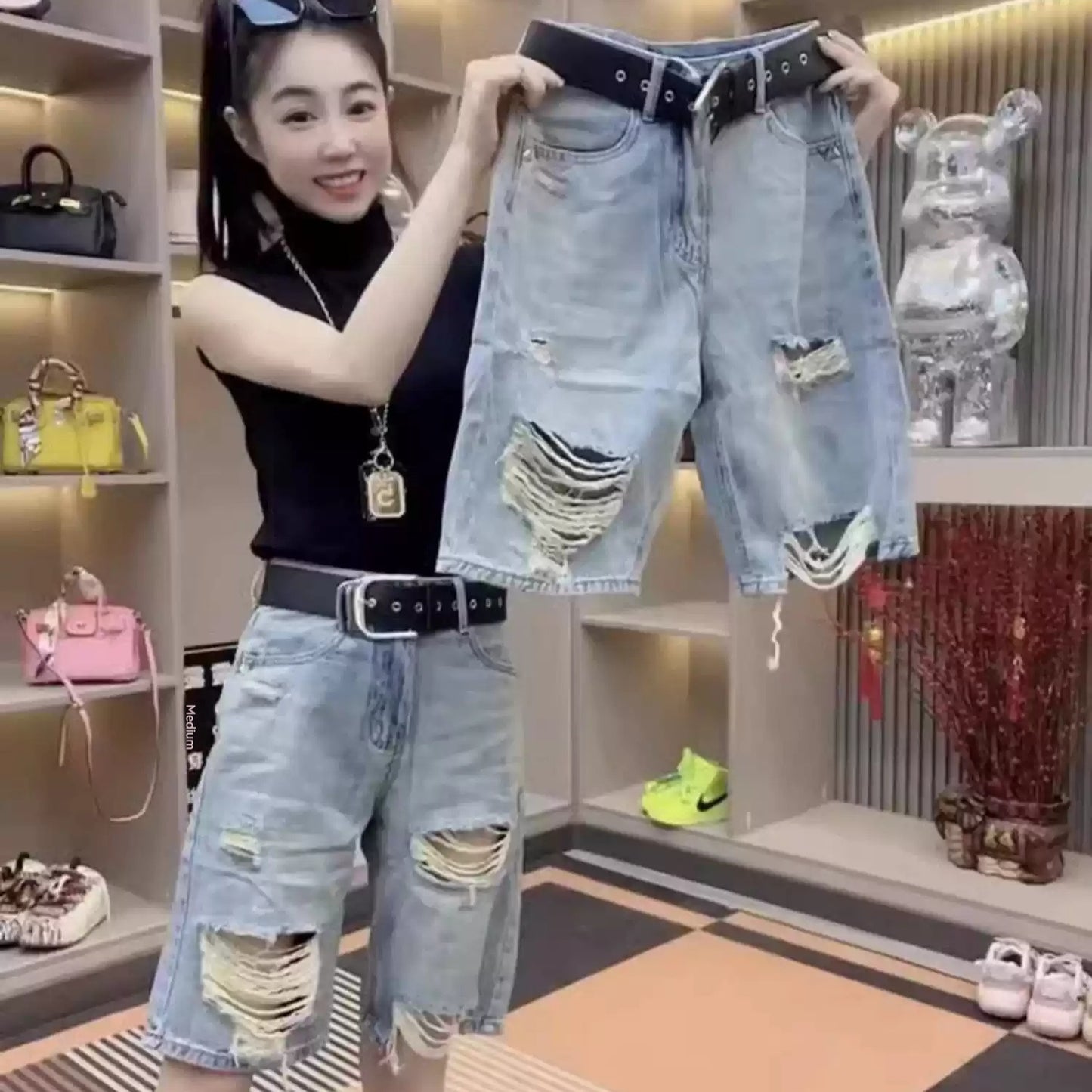 Summer New Arrival High-Waisted Stretchy Ripped Denim Shorts For Women
