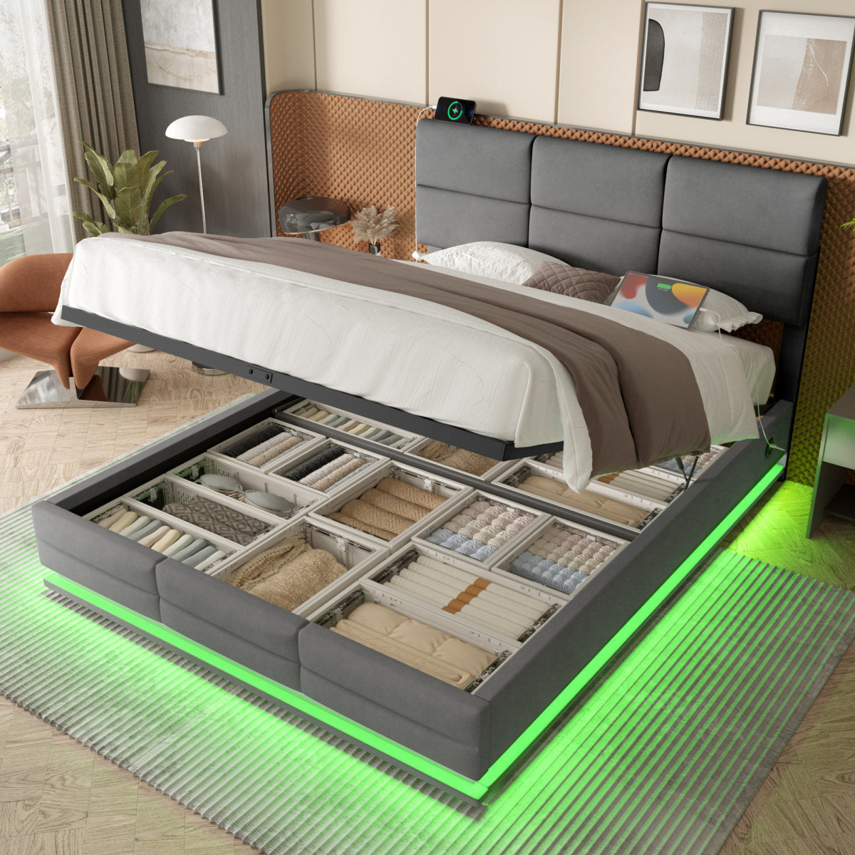 150x200 Cm Modern Velvet Upholstered Bed With Adjustable Headboard - Includes USB Type-C Ports, LED Ambient Lighting, Hydraulic Lift System & Extra Large Storage Space  Mattress Not Included  - Gray