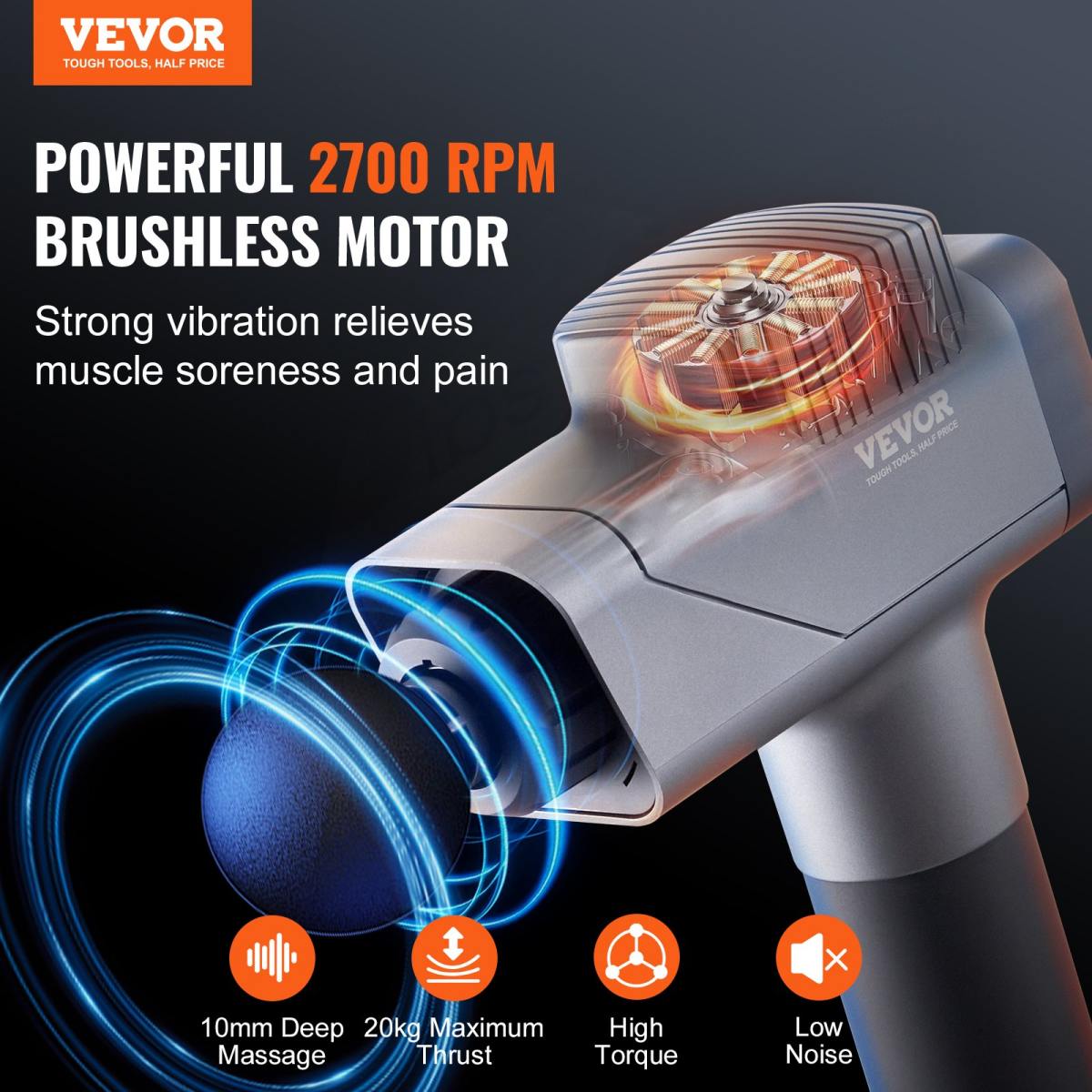 VEVOR Massage Gun Deep Tissue, Percussion Muscle Massager For Athletes - With 8 Speed Levels & 6 Massage Heads, 16V 2500mAh Batteries, Handheld  Massage Gun For Pain Relief, Muscle Relaxation