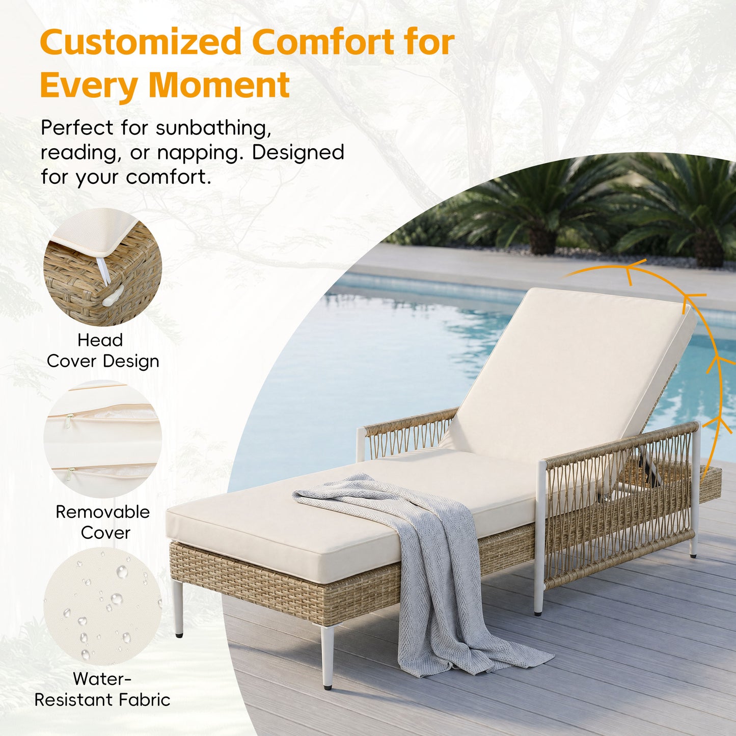 TOPMAX Outdoor All-Weather PE Rattan Chaise Lounge, Minimalist Patio Wicker Lounge Chair With 6 Gear Adjustable Recliner, Arms And Cushion For Poolside, Deck, Beige