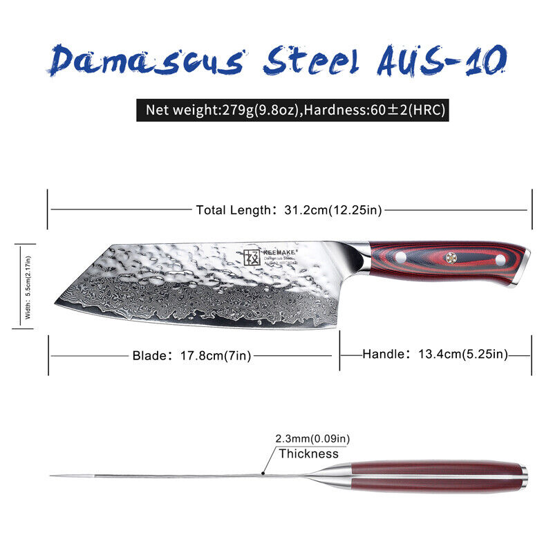 Keemake Nakiri Knife 7 Inch Damascus Steel Kitchen Chinese Meat Cleaver Knife