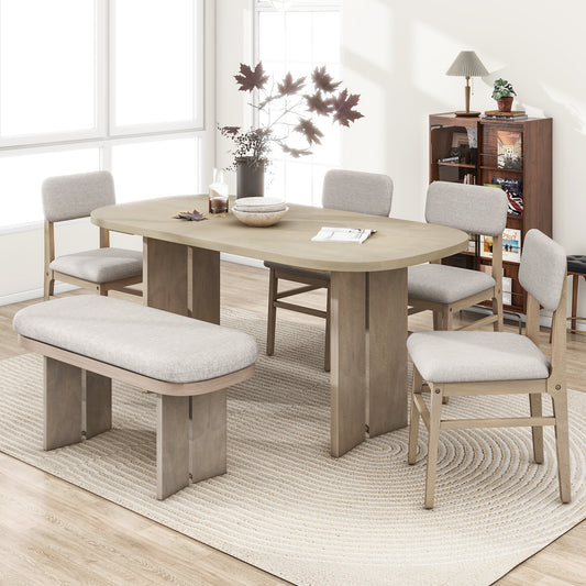 TOPMAx Solid Wood Dining Table Set With Bench -  6- Piece Upholstered Rectangular Dining Room Table Set With Bench  2- Color Modern Farmhouse Kitchen Furniture For Family Gatherings Natural