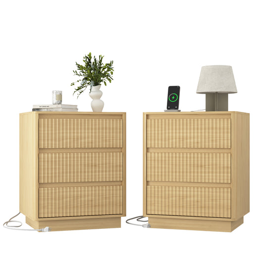 Set Of 2 End Table With Fast USB C Charging Station, Sofa Side Table With 3Drawers, Large Storage Modern Wood Storage Cabinet For Living Room,Bedroom,Office, Natura