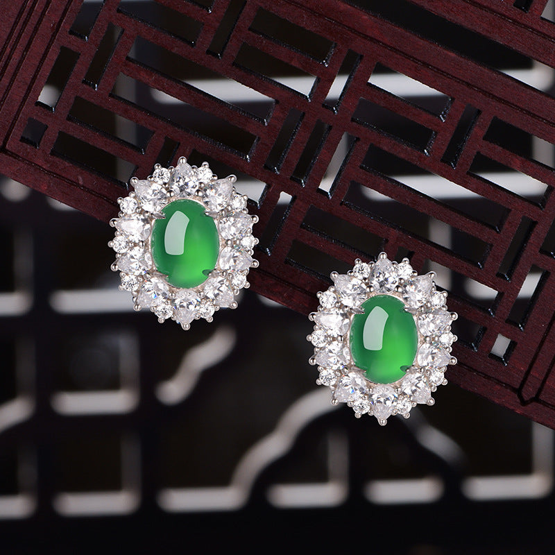 S925 Sterling Silver Halo Stud Earrings, 9x7mm Oval Green Chrysoprase, Platinum Plated 6.6g Elegant Earrings With Fashion Gift Box