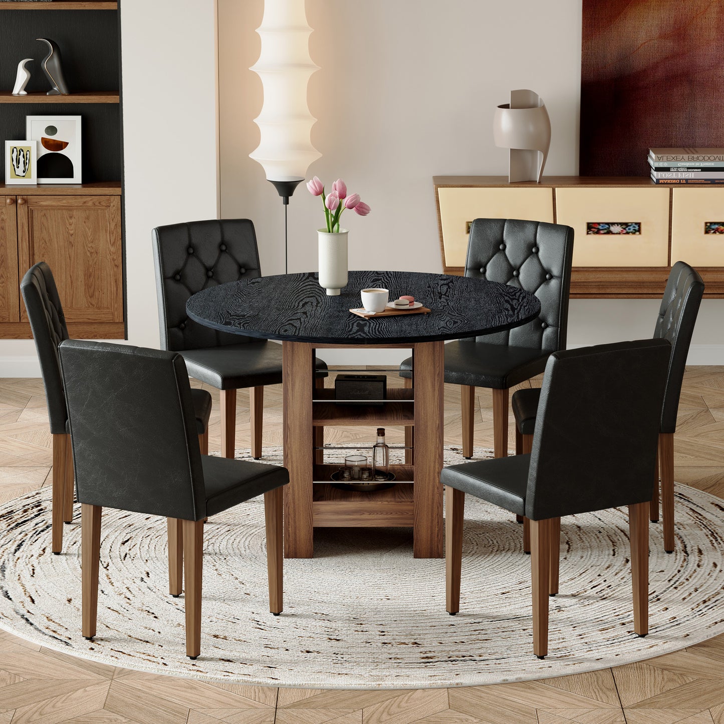 Table And Chair Set. 42 Inch Round MDF Black Dining Table With Double-layer Storage Shelves. Paired With 6 Black PU Chairs With Decorative Buckle Design On The Backrest.For Dining Room,Kitchen,etc.