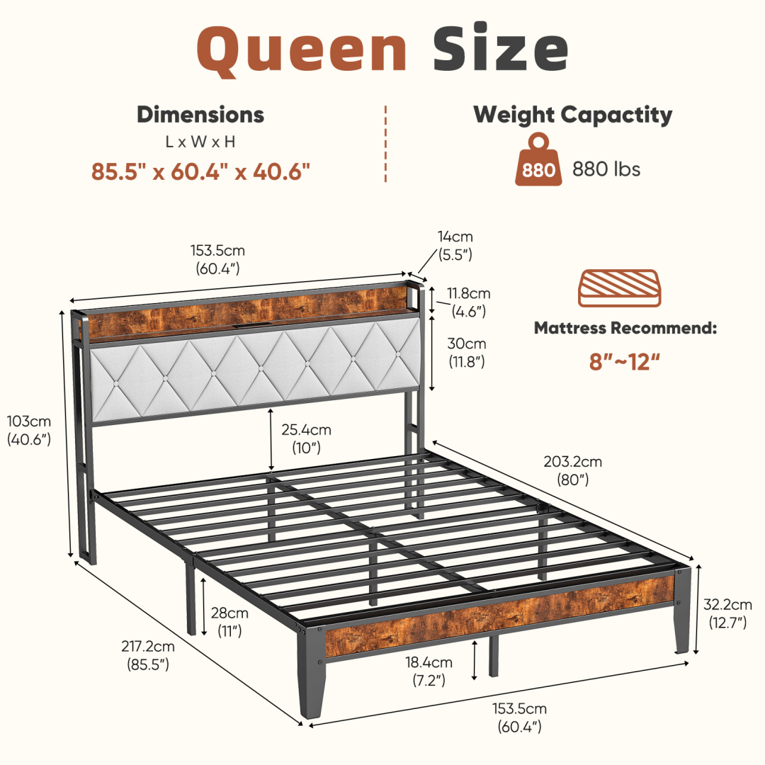 Soft-padded Headboard With Storage, Charging Port, Iron Frame Bed