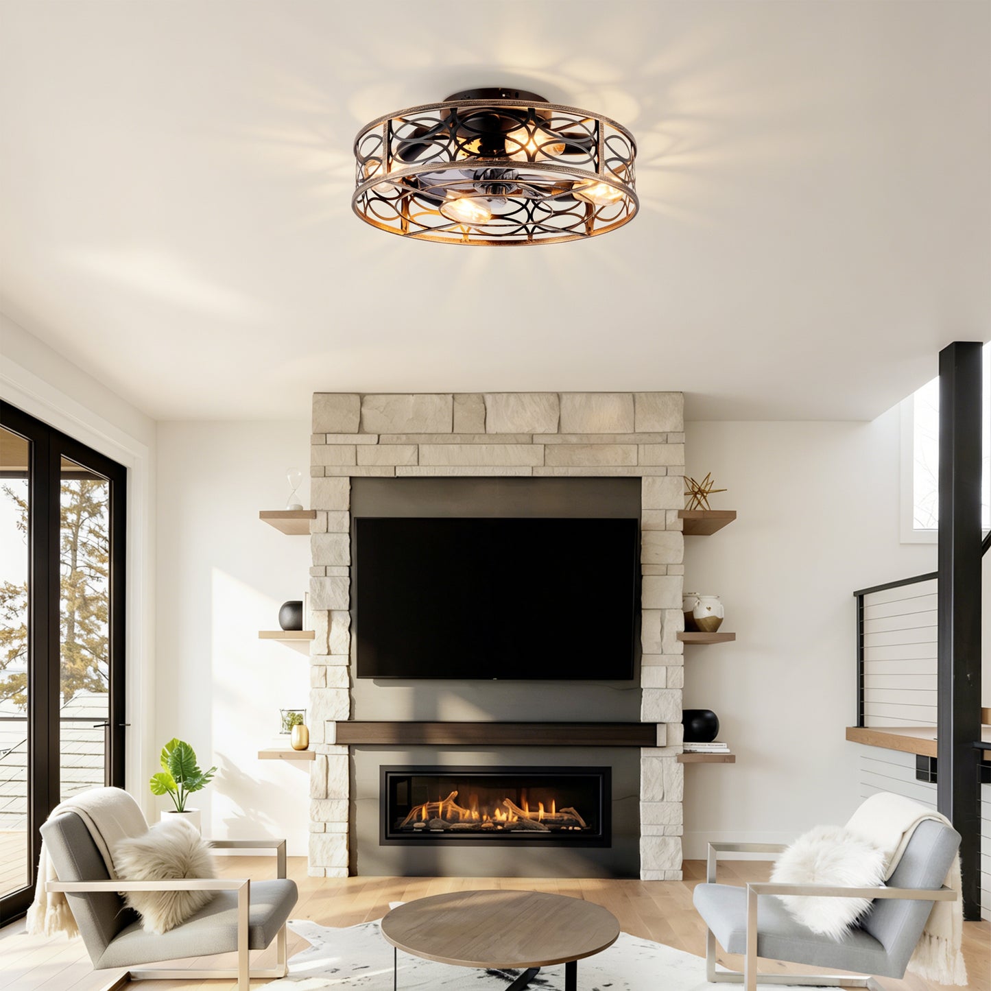 20in Low Profile Caged Ceiling Fans With Lights And Remote, Farmhouse Flush Mount Ceiling Fan With 6 Speeds Reversible Motor, For Kitchen, Bedroom--NOT Included Bulbs