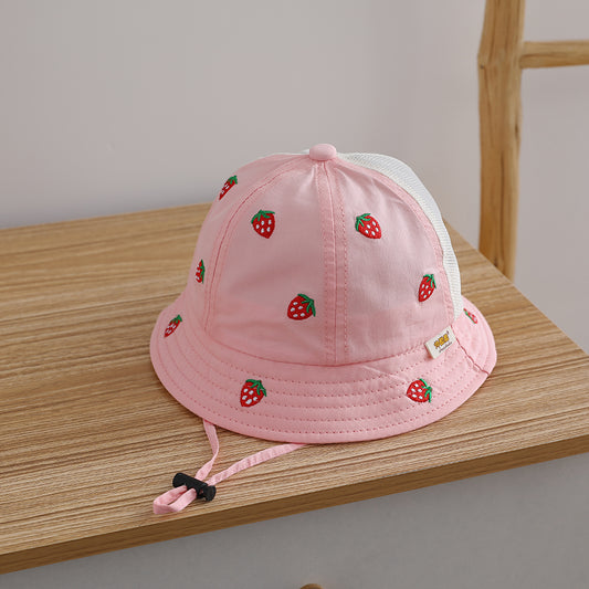 Single-color Strawberry Embroidery Adjustable Patchwork Netting Breathable And Cool Fashion Children's Fisherman Hat For Outdoor Travel And Play
