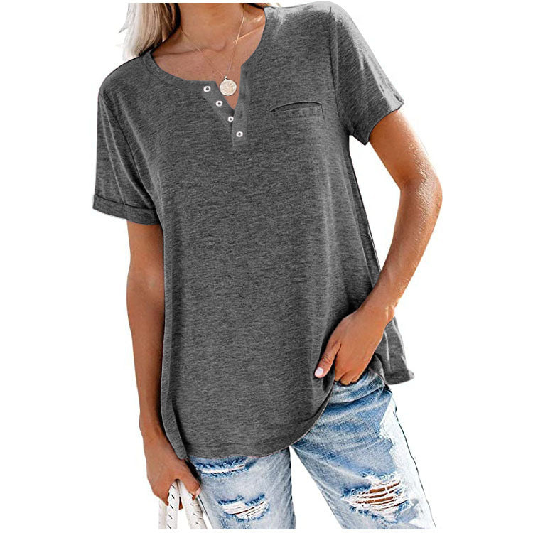 Women's Henley Neck Button Detail Curved Hem Pocket Decor Casual Short Sleeve T-Shirt