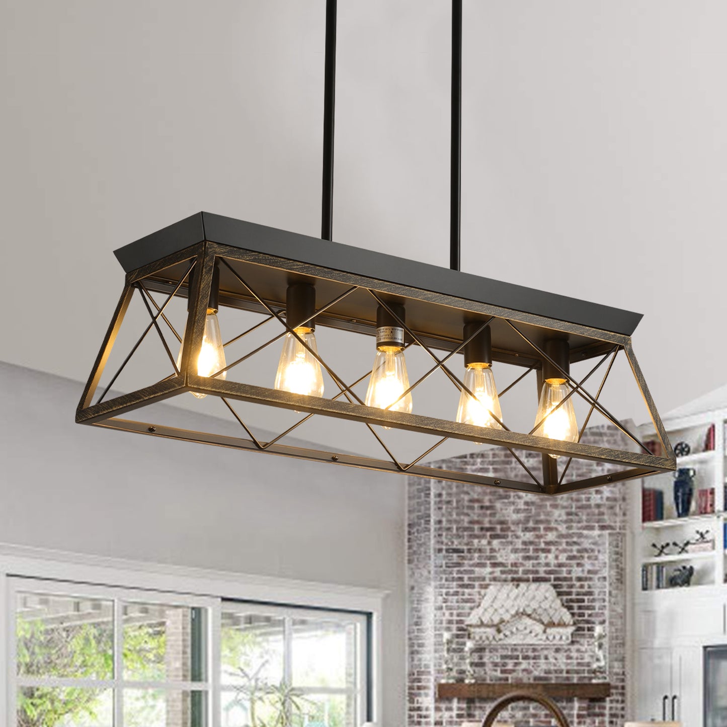32in  Black Gold Industrial 5-Light Pendant Chandelier, Modern Metal Cage Design, Adjustable Hanging Light For Dining Room, Kitchen, Living Room  No Bulbs