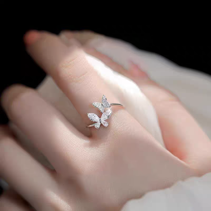1 Piece 999 Sterling Silver Double Butterfly CZ Ring, Open Adjustable Band Style, For Daily Wear & Valentine's Gifts