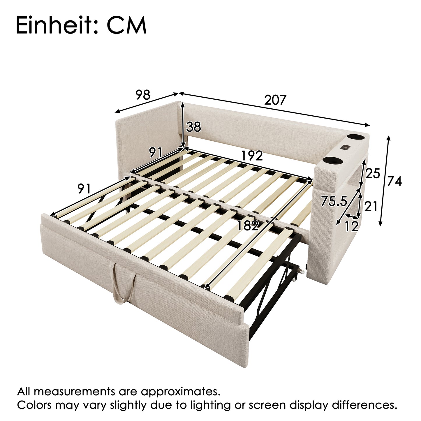 Upholstered Daybed 90x190 Cm, Single Bed Sofa Bed With Pull-out Bed, Armrests With USB & Type-C Charging Port And Cup Holder, Linen Blend, Beige, Without Mattress.
