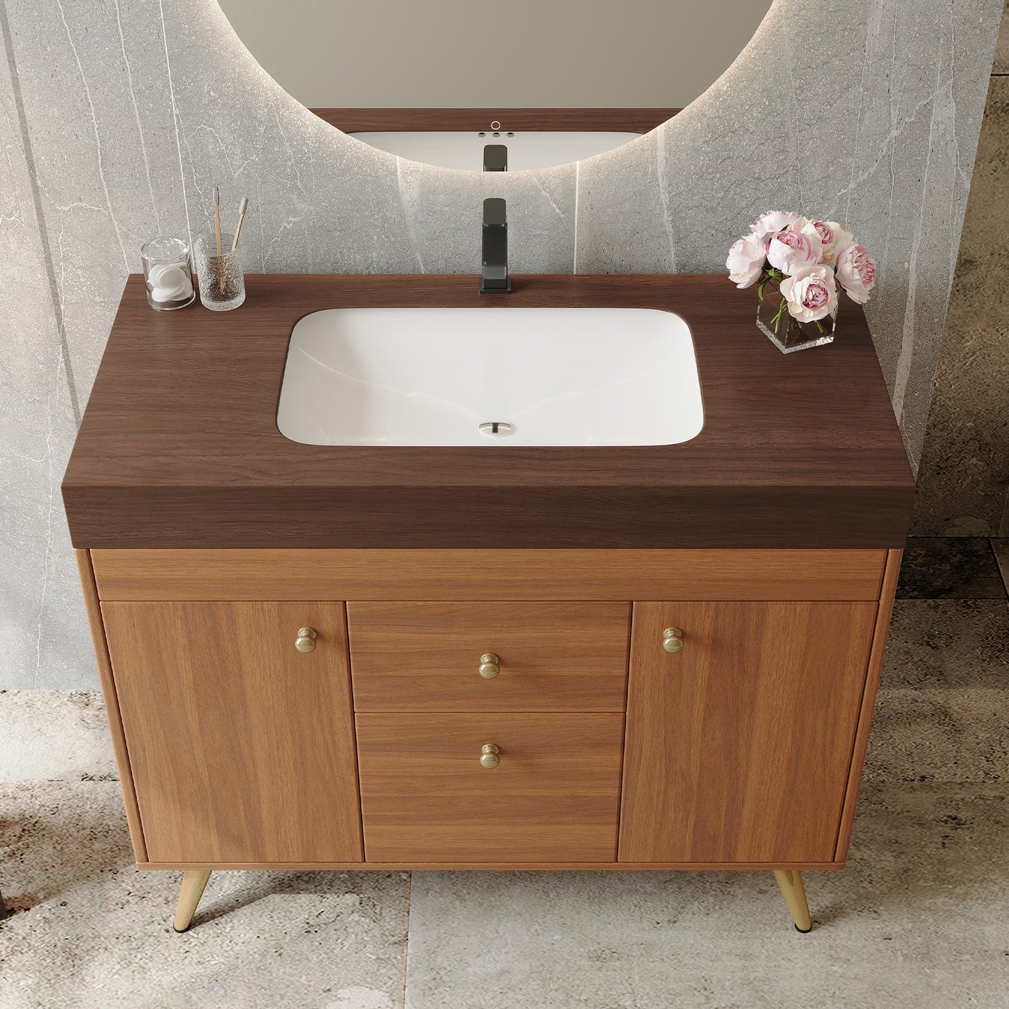 36  Modern Freestanding Bathroom Vanity With Sintered Stone Top, Ceramic Sink & Smart Storage