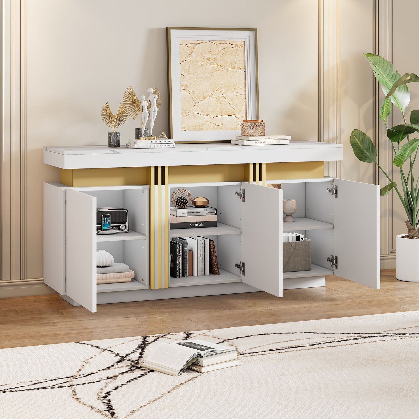 140X38X70cm Modern White Sideboard Display, 3 Doors, Dining Room Cabinet With Adjustable Dividers, Perfect For Kitchen, Living Room, Dining Room, Hallway, Platinum Stitching, Wide Handleless Lockers