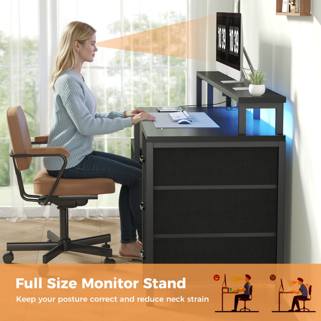 67-inch Computer Desk, Equipped With 5 Drawers And A Monitor Stand. The Gaming Table Comes With LED Lights And Power Sockets. The Printer Cabinet.