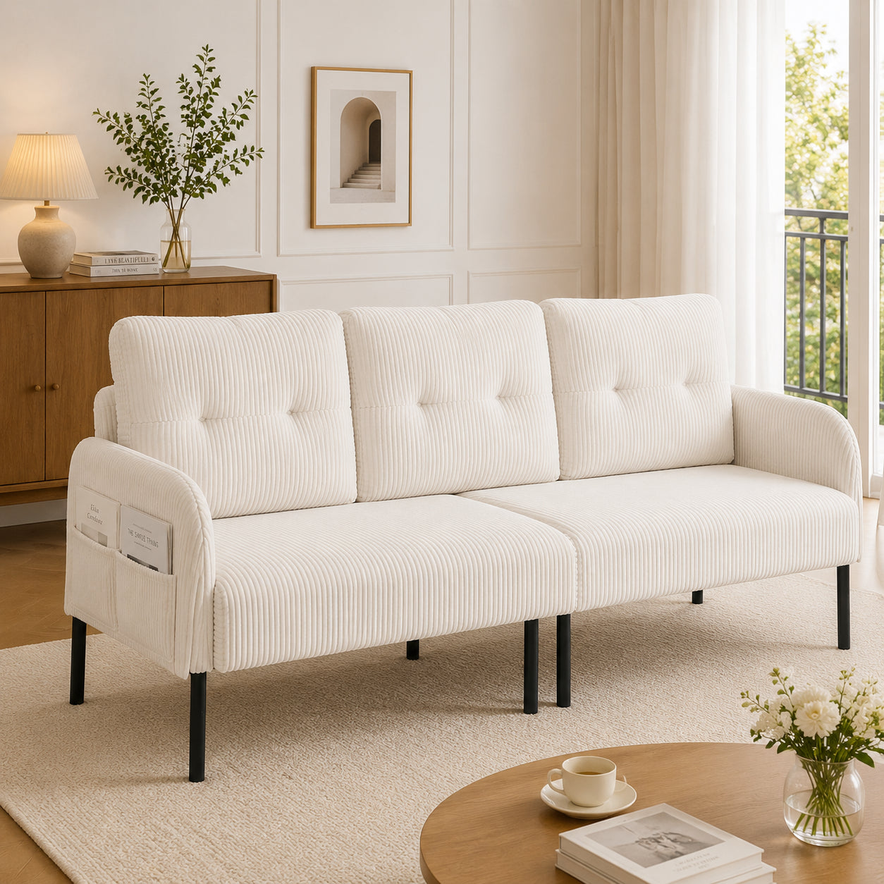 Corduroy Three-seater With Soft Comfort Upholstery, High Backrest And Practical Side Pockets. Sturdy Metal Feet And Sturdy Construction. Versatile For Living Room, Bedroom Or Home Office.