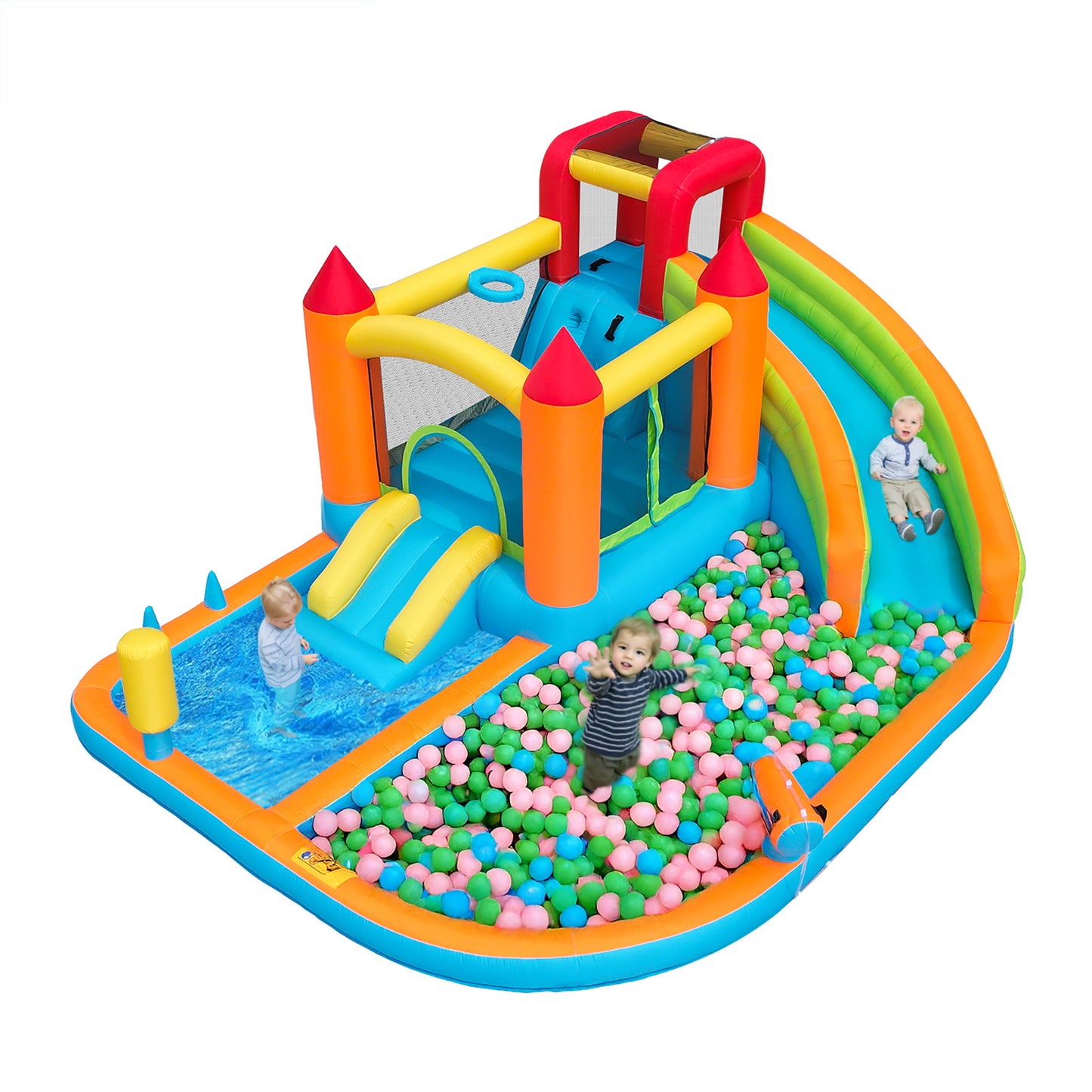 Multifunctional Outdoor Bouncy Castle With Blower, Water Slide  Trampoline  Basketball Hoop    Water Gun, 2 Pool Areas, 1 Large And 1 Small Slide, For Dry And Wet Use, A Water Par