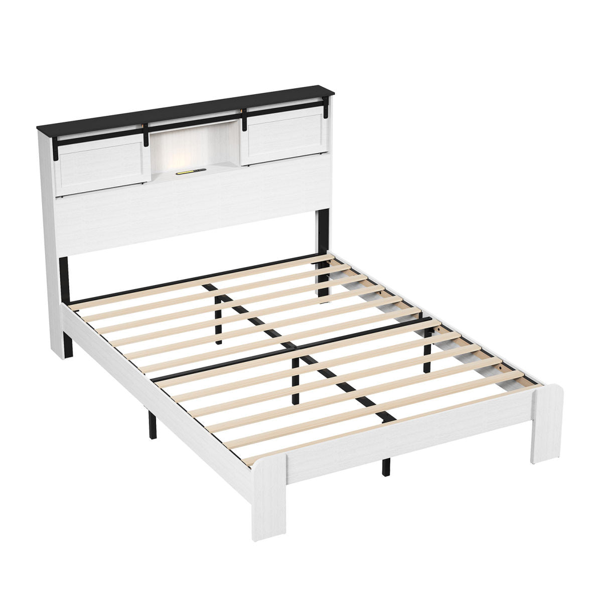 Farmhouse Queen Size Bed Frame With Storage Headboard Barn Door Charging Station Wood Slats No Box Spring Needed White