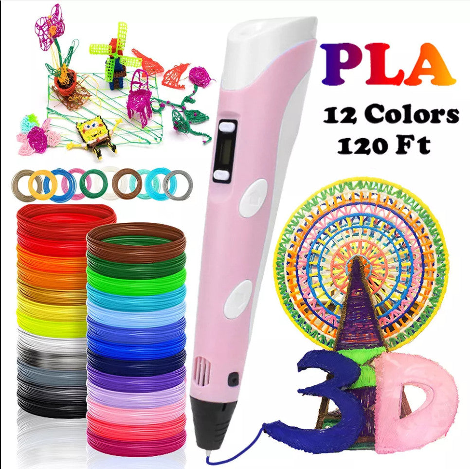 3D Printing Pen Set Doodle PLA Filament Printer Drawing 12 Colours Kids Gift UK----Pink Pen-36m PLA Filaments