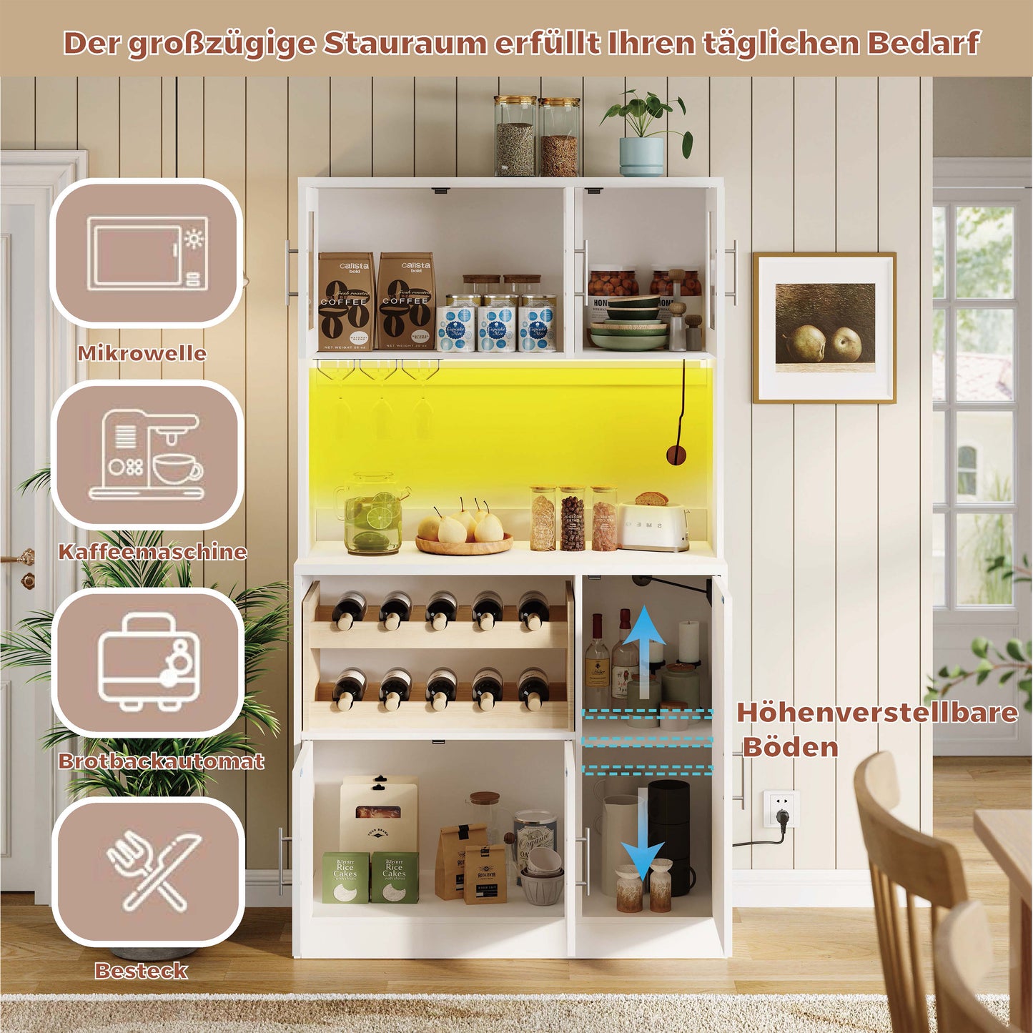 Kitchen Pantry Cabinet, White Kitchen Cabinet With RGB LED And Socket, Tall Pantry Cabinet With Wine Glass Holder & Wine Rack, Modern Kitchen Cabinet With Glass Fronts, 100x40x180 Cm